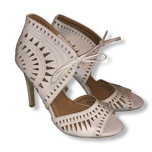 Charlotte Russe White Aztec Patten Ankle Front Tie Open Toe Stiletto Heels